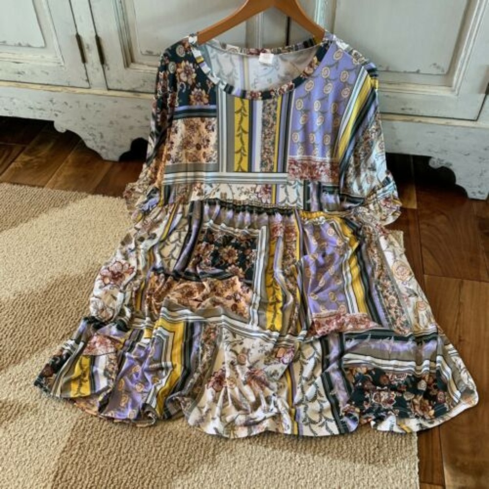 New PLUS SIZE Patchwork Boho Print Tunic Dress - Picture 3 of 7